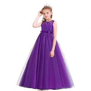 MYRISAM Filles Pageant Robe de Princesse en Dentelle sans Manches Robe de Mariage Soir&eacute;e Carnaval Communion Anniversaire C&eacute;r&eacute;monie No&euml;l F&ecirc;te Longue Tulle Bal Violet Profond 13-14 Ans (MYRISAM store, neuf)