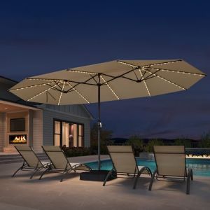 PURPLE LEAF Grand Parasol de Jardin Ext&eacute;rieur 4,55 x 2,7 x 2,4 m avec Pied et LED Solaire, Parasol Rectangulaire Double &agrave; Manivelle en Aluminium avec 12 Baleines pour Balcon, Terrasse, Caf&eacute;s, Beige (PURPLE LEAF, neuf)
