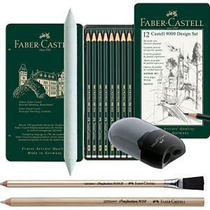 Faber-Castell Castell 119064 - Lot de 12 crayons à papier Castell 9000 - Contenu : 5B - 5H + 2 gommes - Estompe et taille-crayon (allpremio, neuf)