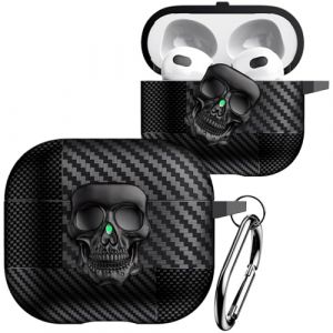 Fofvccv Coque AirPods 3 en Fibre de Carbone &ndash; &Eacute;tui de Protection 3D T&ecirc;te de Mort Mal&eacute;fique avec Mousqueton Housse Antichoc Cover Compatible avec AirPod 3&egrave;me g&eacute;n&eacute;ration.Skull Black (Fofvccv, neuf)