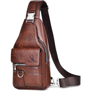 Hjkiopc Bandouliere Sac de Poitrine Homme Sacoche business de Loisir Dos PU Cuir Pochette Epaule Sac à Dos de Voyage pour Homme Femme(Brun Foncé) (Cheap and Good Shop, neuf)