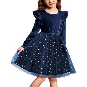 Arshiner Robes Filles Robe en Velours Paillettes Robe en Tulle Volants Robe &agrave; Manches Longues Robe de Soir&eacute;e Trap&egrave;ze Kidner Robe de Soir&eacute;e &eacute;L&eacute;Gante Retour &agrave; L'&eacute;cole Robes pour Enfants Bleu 4-5 Ans (Arshiner Store, neuf)