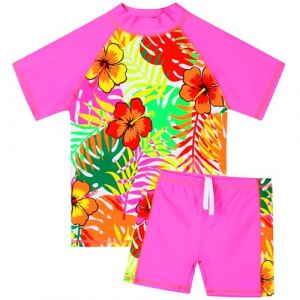 HUAANIUE Filles Enfants Maillot de Bain 2 Pi&egrave;ces Enfants Filles Plage Combinaison de Bain &agrave; Manches Courtes 2-12 Ans (S492-Fleur Rose Vif, 9-10 Ans) (HUANQIU EUR STORE, neuf)