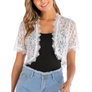 Boléro Dentelle Femme Gilet Court Veste Ouverte Chic Elégant Mariage Manche Courte pour Robe Tee Shirt Soirée Fête Décontracté Céréomonie Blanc XL (Yukiuiny, neuf)