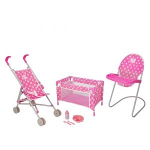 HTI Dolly Tots Ensemble de Jeu pour crèche Junior | Ensemble de Jeu de Chambre d'enfant 7 pièces, Chaise Haute pour poupée, Ensemble d'alimentation réutilisable, Poussette et lit bébé | Accessoires (Wowow Toys, neuf)