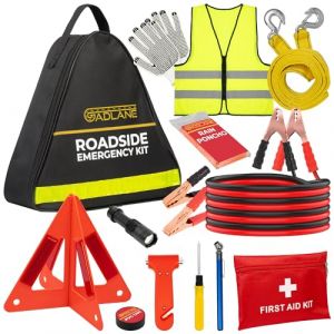 GADLANE Kit d'urgence pour panne de voiture - Grand kit d'urgence routier avec triangle de signalisation, c&acirc;bles de d&eacute;marrage, sangle de remorquage, trousse de premiers soins, marteau de s&eacute;curit&eacute; (JOVELA FR, neuf)