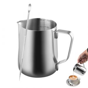 FHISKUNYU Pichet Lait Inox 350ml avec Latte Art Pen - Pot à Lait Inox pour Barista, Barista Outils de Latte Art pour Cappuccino et Espresso (BUIA MORAVIA, neuf)