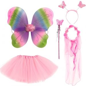 JSTHHTT 5 Pi&egrave;ces Deguisement Fille, Accessoire Princesse fille, Ailes de Fee Enfant, Deguisement Enfant Fille, D&eacute;guisement Princesse, D&eacute;guisement de f&eacute;e Papillon, pour Enfant Fille Carnaval Party (VESMELORASE, neuf)
