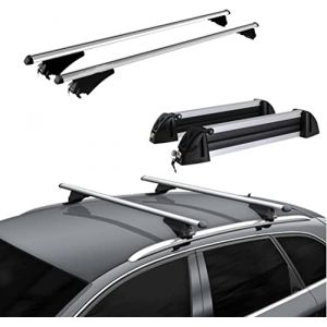 Barres de toit en aluminium + Porte-skis 4 paires de skis ou 2 snowboards pour PEUGEOT 3008 &agrave; partir de 2016 avec rails int&eacute;gr&eacute;s (Rixto, neuf)