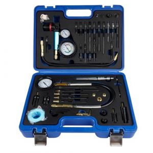 GLOSSY AUTO PARTS Testeur de Compression Testeur de Perte de Pression pour Moteurs Essence et Diesel, avec 34 adaptateurs différents, 725 PSI - Boîtier extérieur Bleu (SMSL-AUTOPARTS-FR, neuf)
