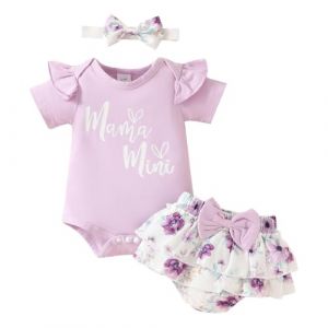 LUVCES Nouveau-né Fille été Vêtement Manches Courtes Imprimé Lettre Cute Body T-shirt Haut+ Bowknot Imprimé Shorts + Bandeau 3Pièces Ensembl Violet Mamas Mini 3-6 Mois (SANYI FASHION, neuf)