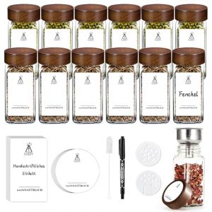 Lot de 12 Pots à Épices de 120 ml Bocaux à Épices, En verre Scellé - Pour Étagère à éÉpices, Porte-épices, Pots à Épices Avec Couvercle en Bois Pour l'organisation de la Cuisine… (Sayjia GmbH, neuf)