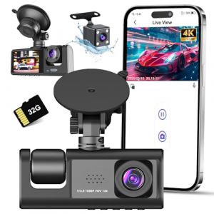 4K Dashcam Voiture Avant Arrière, Wi-FI Caméra Embarquée avec Carte SD 32G, Camera Voiture à 3 canaux Grand Angle 170°, Vision Nocturne,WDR,G-Capteur,Mode Stationnement 24H,Enregistrement en Boucle (huaxuyin, neuf)
