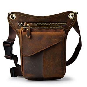 Sac en Cuir de Jambe Vintage pour Homme Femme Multifonction Banane Taille Tactique Militaire Moto Cycliste randonn&eacute;e Sports Camping &eacute;quitation Marron fonc&eacute; (XieBen, neuf)