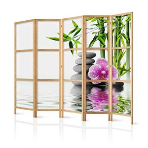 murando - Paravent Intérieur Japonais 225x172 cm - Séparateur de Pièce en Bois Naturel et Toile Imprimée - Paravent Oriental Portable et Pliable - Zen Bamboo Et Orchidée p-B-0033-z-c (murando, neuf)