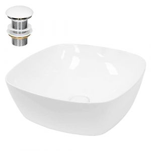 ECD Germany Lavabo Carr&eacute; en C&eacute;ramique, 405 x 140 mm, Blanc, avec Garniture de Vidage 1 1/4, pour Lavabo sans Trop-Plein, Vasque &agrave; Poser, &Eacute;vier Moderne, Lave-Mains, Cuvette Salle de Bain Toilette (ECD-Germany, neuf)
