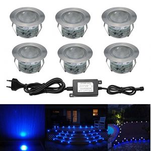 CHNXU 6 Spot LED Eclairage Extérieur Encastrable Sol Terrasse Bois,45mm Spots Encastré Extérieur Fait en IP67 DC12V 1W Avec Alimentation EU Pour Jardin Escalier Patio Bleu (CHENXU, neuf)