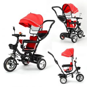 XUANYU Tricycle Enfant &Eacute;volutif avec Si&egrave;ge R&eacute;versible Tricycle V&eacute;lo Enfant avec Espace Rangement Pare-Soleil Canne T&eacute;lescopique et P&eacute;dales Amovibles Tricycle &agrave; Pousser pour Filles/Gar&ccedil;ons, Rouge-Noir (XUASHW, neuf)