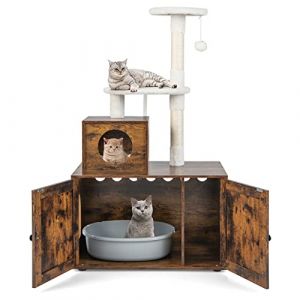 COSTWAY Arbre a Chat Litiere Intégrée, Tour pour Chaton avec Cache-Litiere, 2 Plateformes,Grand Condo, Pompon, Poteaux à Griffer en Sisal, Meuble Litiere Chat en Bois(Marron) (FDS GmbH, neuf)
