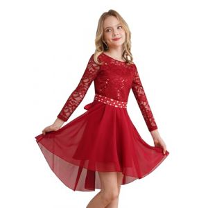 Freebily Robe Princesse Soiree Fille Enfant Robe De Ceremonie Mariage Manche Longue Dentelle Strass Chiffon A-Ligne Robes Ecole Et&eacute; Fete Party Rouge 9-10 Ans (MissPretty, neuf)
