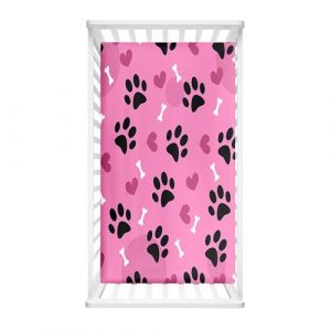 Odot Drap Housse pour Lit de Bébé, Motif Imprimé Patte de Chien Draps Housses Enfants Protège Matelas Extensible pour Fille et Garçon, Berceau, Lit Parapluie (Coeur d'amour rose,95x65x10cm) (Odot, neuf)
