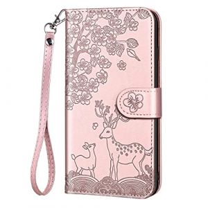 Aisenth Coque pour Samsung Galaxy A52 5G, Fleur Cerf Sika Animaux Motif &Eacute;tui &agrave; Rabat, Housse de Protection en Cuir Synth&eacute;tique Portefeuille avec Fentes pour Cartes, Fonction de Support, Or Rose (Aisensi, neuf)