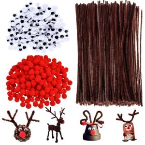 500 Pi&egrave;ces Fils Chenille Kit, 100 Cure pipes marron, 200 Yeux Mobiles Autocollants, 200 Pompons Rouges, Cure Pipe Chenille Marron Artisanat, pour Artisanat DIY No&euml;l Rennes (NSSBM, neuf)