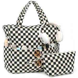 LOIDOU Grand sac de plage avec fermeture éclair étanche au sable sac de piscine sac à bandoulière sac de courses avec fermeture éclair sac de voyage famille plage fourre-tout, Grille noire et blanche (LOIDOU, neuf)