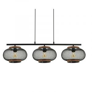 Luminaire OTTOMANE Barre Suspendue &agrave; 3 Lampes en M&eacute;tal Noir et Bois d'Acacia, Design Industriel et Contemporain, Abat-jour Ovale en M&eacute;tal Grillag&eacute;, E27 Puissance Max 40 Watts, Compatible Ampoules LED (SEYNAVE, neuf)