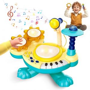 Batterie Enfant 3 Ans, Tambour &agrave; Battement de Mains avec Musique, Lumi&egrave;res, Microphone et Touches de Piano, &Eacute;ducation Pr&eacute;coce Instrument de Musique, Jouet Musical B&eacute;b&eacute; No&euml;l Cadeau (Bleu) (XUANYU LTD, neuf)