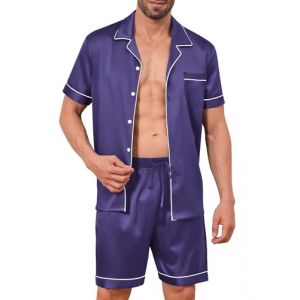 Elainone Ensemble Pyjama Homme en Soie Satin, Pyjama en Satin pour Homme, Pyjama Deux Pi&egrave;ces &agrave; Manches Courtes, V&ecirc;tement de D&eacute;tente avec Boutons et Poches, lilas, L (Elain One Store, neuf)