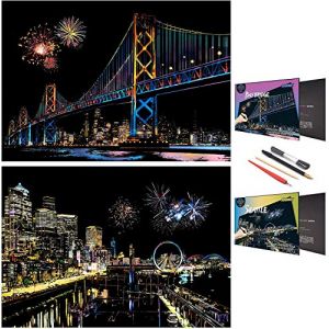 SiYear Ensemble de papier de peinture à gratter pour adultes et enfants, série de bâtiments emblématiques de la ville, scène de nuit, tableau à gratter, cadeau créatif, artisanat de gravure sur (charhoo, neuf)