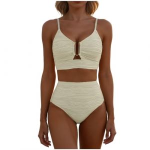 Maillot de Bain Femme 2 Pieces Bikini Sexy Beachwear &Eacute;t&eacute; Ensembles Deux Pi&egrave;ces Haut et Bas de Maillot de Bain Swimsuit Push Up Rembourr&eacute; Bikini Sexy Col en V Maillot de Bain Mode Swimwear Beige M (mihongmd, neuf)