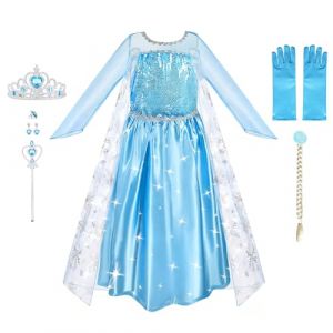 La Reine des Neiges Costume et Accessoires Gants Couronne Baguette Tresse Robe Longue Deguisement pour Fille - Bleu - Taille 140cm, 6-Ans (Petit Wudong, neuf)
