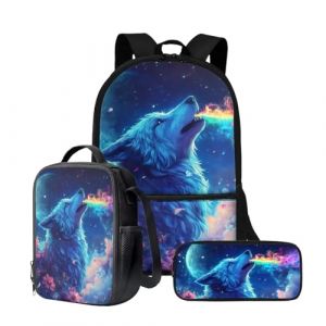 Wnbucioht Sac à dos 3 en 1 pour enfants garçons avec sac à déjeuner isotherme, porte-crayon, Imprimé loup bleu, Taille unique, Ensemble cartable (xiaohedianzishangwu, neuf)