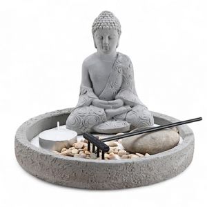 MIJOMA Figurine Bouddha sur plateau en ciment avec porte-bougie, pelle, pierres d&eacute;coratives et sable &ndash; Ensemble jardin zen &ndash; D&eacute;coration spirituelle pour la paix int&eacute;rieure et l'harmonie (rond &Oslash; 18 cm) (MIJOMA, neuf)