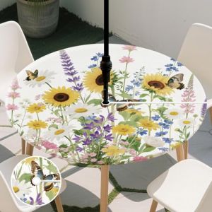 CUTHOLLOW Nappe Ronde 112 cm avec Bord &Eacute;lastique - Trou Parasol, Impermeable Anti Tache Nappe de Jardin avec Motif Tournesols et Papillons, Polyester Nappes de Table pour Le Tableau 91,5-112 cm (CUTHOLLOW FR Official Store, neuf)