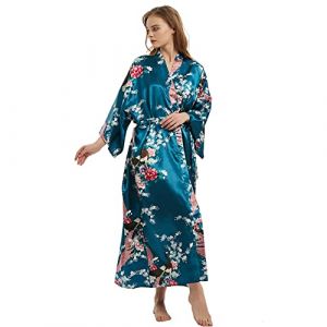 Robe de chambre kimono pour femme - Imprimé floral - Cardigan pour femme - Pour mariage, fête, Paon floral - Bleu paon, One Size Plus Tall (Roobees, neuf)