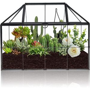 Homtone Grand Terrarium géométrique de 23 cm, boîte en Verre Faite à la Main, Pot de Fleurs Miniature Vintage pour Plantes Grasses, Cactus, Plantes aériennes (Forme de Maison Noire) (Homtone, neuf)