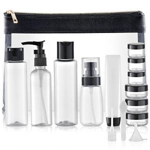 Toureal 15 Pièces Flacons Vide Kit Voyage Avion (Max.100ml) Contenant Plastique Bouteille dans Recipient, Cuir Organisateur Set de Toilette - pour Cosmetique (Transparent) (Toureal, neuf)