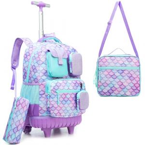 HTgroce Cartable Fille Primaire Roulette cp, Sirene Cartable Primaire Sac Trolley avec Sac Repas Trousse à Crayons Sac à Dos à Roulette Cartable Fille ce2 (Lldaily EUR, neuf)