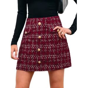 CUPSHE Jupe Femme Taille Haute Boutonn&eacute;e en Tweed &agrave; Carreaux Mini Jupe &agrave; Taille Haute Courte Jupe de Loisirs &Eacute;l&eacute;gante Mini Short, Rouge bordeaux, S (CUPSHE FR, neuf)