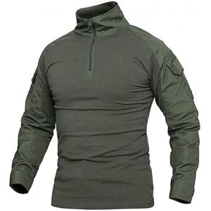 Czen Chemises Militaires Tactiques pour Hommes Chemise à Manches Longues Camo Chemise à Manches Longues à Fermeture éclair 1/4 Chemise de randonnée de l'armée en Plein air, B-Vert, 4XL (Higold, neuf)