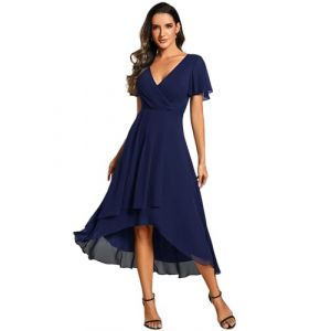 Ever-Pretty Robe Soirée Bleu Marine 60 - Femme Chic Et Elegant Belle Robe Occasion Spéciale - Col V Manches Volantées Trapèze A Line Mousseline Lavage À La Main (Ever-Pretty Plus, neuf)