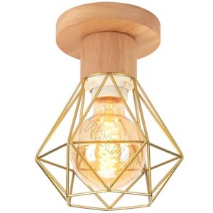 TOKIUS Plafonnier Industriel Suspension Luminaire E27 Vintage Design Lustre M&eacute;tal et Bois R&eacute;tro forme Cage &Oslash;160mm &eacute;clairage plafond 40W pour Chambre Cuisine Salon, Dor&eacute; (P-M&eacute;tal et bois -1pcs) (TOKIUS, neuf)