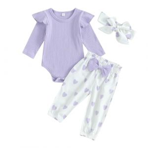 ESSECMBS Ensemble B&eacute;b&eacute; Fille 3 Pi&egrave;ces Imprim&eacute; Floral, Body &agrave; Manches Longues avec Bandeau et Pantalon avec Ceinture, Violet, 3-6 Mois (CHAUNGXIAN, neuf)