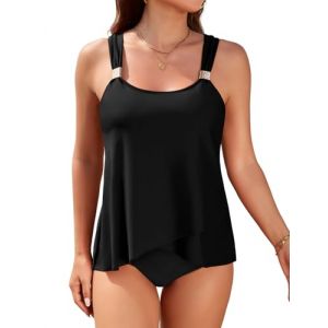 Nadeer Ensemble Tankini Maillot de Bain Femme 2 Pieces Gainant Ventre Plat avec Bas Taille Haute Imprim&eacute; &agrave; Volants Swimwear R&eacute;glable Maillot de Plag Beachwear Swimsuit(Noir,S) (Likela, neuf)