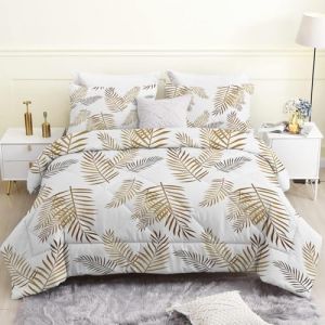 Linfye Couette 140x200 Enfant, Feuilles Palmier Dorées Couette Imprimée Duvet 1 Personne Couette Legere Chaude 4 Saisons, Plantes Blanches Douce Réversible Edredon et 2 Taie d'oreiller 65x65 cm (Linfye Maison Confortable, neuf)