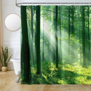 Uiiooazy Rideau Douche Anti Moisissure, Rideau de Douche 180x220cm Feuilles Vert Printemps Forêt Paysage Soleil Rideaux de Baignoire Tissu Lavable Imperméable Rideaux Salle de Bain avec 12 Crochets (dongguibinjingpinxiaodianpu, neuf)