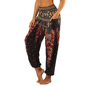 Nuofengkudu Femme Harem Pantalon Sarouel Thaïlandais Hippie Baggy Léger Boho Ethnique Smockée Taille Haute avec Poches Yoga Pants Été Plage ,Noir Paon,Taille unique (better Life, neuf)